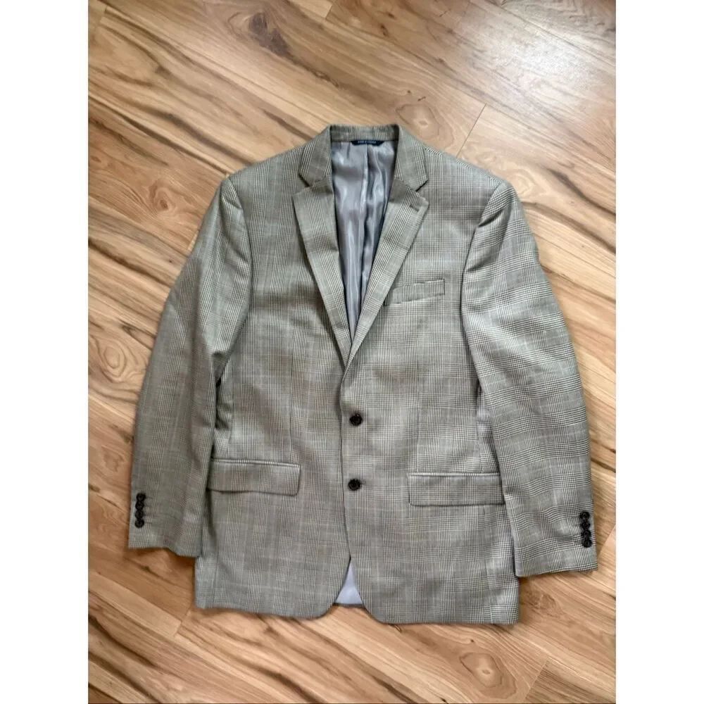 Ralph Lauren Mens Gray Houndstooth Silk Wool Single Breasted Blazer Jacket Size